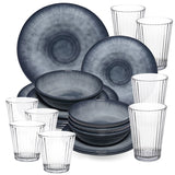 Melamin Geschirr Set Jesolo Grau für 4 Personen - 20 Teile - mit klarem Trinkglas 580ml +360 ml aus Acryl Steingutoptik Campinggeschirr
