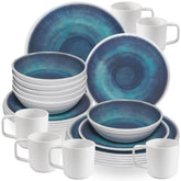 Melamin Geschirr Set Jesolo Blau für 6 Personen - 24 Teile - mit 90°C-Tassen aus ABS-Kunstsoff mit Antislip-Funktion - Steingutoptik Campinggeschirr