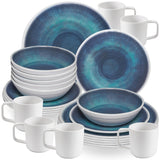 Melamin Geschirr Set Jesolo Blau für 6 Personen - 24 Teile - mit 90°C-Tassen aus ABS-Kunstsoff mit Antislip-Funktion - Steingutoptik Campinggeschirr