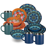 Melamin Geschirr Set Toskana Pastel für 4 Personen - 16 Teile - Orange-Blau - mit Edelstahltassen Mandala-Optik Spülmaschinengeeignet Essgeschirr Campingzubehör Campinggeschirr Wohnwagen Camping
