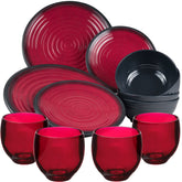 Melamin Geschirr Set für 4 Personen 16 Teile mit Trinkglas rot schwarz Tonoptik - Essgeschirr Acryl Wasserglas - Campinggeschirr