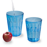 Melamin Geschirr Set Toskana Pastel für 4 Personen - 16 Teile - Orange-Blau - Mandala-Optik mit farblich passenden Trinkgläsern 450 ml aus Acryl Campinggeschirr