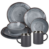 Melamin Geschirr Set Grau für 2 Personen 8 Teile mit Edelstahl Thermo Tassen doppelwandig - Tonoptik Essgeschirr - Campinggeschirr Picknick ideal für Camping modern Outdoor