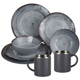 Melamin Geschirr Set Grau für 2 Personen 8 Teile mit Edelstahl Thermo Tassen doppelwandig - Tonoptik Essgeschirr - Campinggeschirr Picknick ideal für Camping modern Outdoor