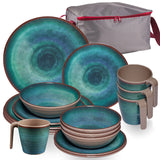 Melamin Geschirr Set Jesolo Grün für 4 Personen - 17 Teile - mit Tassen und Aufbewahrungstasche Steingutoptik Spülmaschinengeeignet - Essgeschirr Campingzubehör Campinggeschirr Wohnwagen Camping