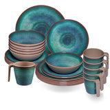 Melamin Geschirr Set Jesolo Grün für 6 Personen - 24 Teile - mit Tassen Steingutoptik Spülmaschinengeeignet Campinggeschirr Wohnwagen Camping Festival