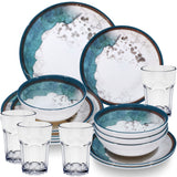 PRODUKTSET - 33413+30663 - Hummelladen Melamingeschirrset Lagune mit klaren Gläsern 400ml 4 Personen