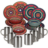 Melamin Geschirr Set Toskana Deep für 6 Personen - 24 Teile - Rot-Grün - mit Edelstahl Thermo Tassen Mandala-Optik Spülmaschinengeeignet Essgeschirr Campingzubehör Campinggeschirr Wohnwagen Camping