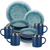 Melamin Geschirr Set Adria Blue für 4 Personen - 16 Teile Blau - mit Edelstahl Thermo Tassen Steingutoptik Essgeschirr Campingzubehör Campinggeschirr Wohnwagen Camping Festival Picknick Gaertenparty