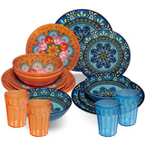 Melamin Geschirr Set Toskana Pastel für 4 Personen - 16 Teile - Orange-Blau - Mandala-Optik mit farblich passenden Trinkgläsern 450 ml aus Acryl Campinggeschirr