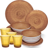 Melamin Geschirr Set Bambi Braun für 4 Personen - 16 Teile mit farblich passenden Trinkgläsern 360 ml aus Acryl Steingutoptik Campinggeschirr