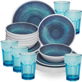 Melamin Geschirr Set Jesolo Blau für 6 Personen - 24 Teile - mit farblich passenden Trinkgläsern 400ml aus Acryl Campinggeschirr