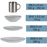 Melamin Geschirrset für 4 Personen - 16 Teile mit Edelstahl Themo Tassen hellblau elegante Steingut Optik in weiss-blau Essgeschirr Campinggeschirr Picknick Camping Outdoor
