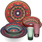 Melamin Geschirr Set Toskana Deep für 2 Personen - 8 Teile - Rot-Grün - Mandala-Optik mit farblich passenden Trinkgläsern 260 ml Campinggeschirr