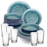 Melamin Geschirr Set Adria Blue für 6 Personen - 24 Teile Blau - mit klarem Trinkglas 300 ml aus Acryl Steingutoptik Campinggeschirr