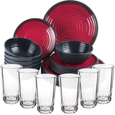 Melamin Geschirr Set Rot für 6 Personen 24 Teile mit Trinkglas klar Tonoptik - Essgeschirr Acryl Wasserglas - Campinggeschirr