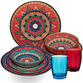 Melamin Geschirr Set Toskana Deep für 2 Personen - 8 Teile - Rot-Grün - Mandala-Optik mit farblich passenden Trinkgläsern 320 ml Campinggeschirr