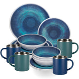 Melamin Geschirr Set Jesolo Blau für 4 Personen 16 Teile - mit Edelstahl Thermo Tassen Steingutoptik Spülmaschinengeeignet Essgeschirr Campingzubehör Campinggeschirr Wohnwagen Camping Festival Picknick