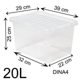 AUFBEWAHRUNGSBOX 20 Liter - Aufbewahrungsbox mit Deckel - 39x29x25cm - transparent klar - stapelbar - DINA4 Format - Kunststoff Box Stapelkiste Unterbettkommode Büro