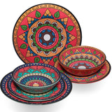 Melamin Geschirr Set Toskana Deep für 6 Personen - 24 Teile - Rot-Grün - mit Edelstahl Thermo Tassen Mandala-Optik Spülmaschinengeeignet Essgeschirr Campingzubehör Campinggeschirr Wohnwagen Camping