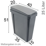25 Liter Mülltonne Dunkel-Grau Recyclingtonne 20x40x50cm mit abnehmbarem Klappdeckel - Schmal Küche Mistkübel Trash Bin Groß Küchenabfalleimer Papiermülleimer
