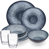 Melamin Geschirr Set Jesolo Grau für 2 Personen - 8 Teile - mit klarem Trinkglas 320ml - aus Acryl Steingutoptik Campinggeschirr Camping