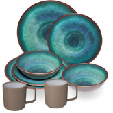 Melamin Geschirr Set Jesolo Grün für 2 Personen - 8 Teile - mit 90°C-Tassen aus ABS-Kunstsoff mit Antislip-Funktion - Steingutoptik Spülmaschinengeeignet - Campinggeschirr Wohnwagen Camping Festival