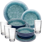 Melamin Geschirr Set Adria Blue für 4 Personen - 16 Teile Blau - mit klarem Trinkglas 300 ml aus Acryl Steingutoptikgeschirr