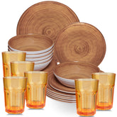 Melamin Geschirr Set Bambi Braun für 6 Personen - 24 Teile mit farblich passenden Trinkgläsern 400 ml aus Acryl Steingutoptik Campinggeschirr