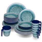 Melamin Geschirr Set Adria Blue für 6 Personen - 24 Teile Blau - mit stapelbaren Tassen Steingutoptik Essgeschirr Campinggeschirr
