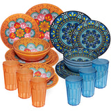 Melamin Geschirr Set Toskana Pastel für 6 Personen - 24 Teile - Orange-Blau - Mandala-Optik mit farblich passenden Trinkgläsern 630 ml aus Acryl Spülmaschinengeeignet Campinggeschirr