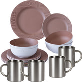 Melamin Geschirrset für 4 Personen - 16 Teile elegante Steingut Optik im warmen Rosé Ton - mit Edelstahl Thermo Tassen - Campinggeschirr Geschirrset Tafelgeschirr Spülmaschinengeeignet Outdoor Camping