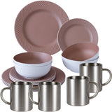 Melamin Geschirrset für 4 Personen - 16 Teile elegante Steingut Optik im warmen Rosé Ton - mit Edelstahl Thermo Tassen - Campinggeschirr Geschirrset Tafelgeschirr Spülmaschinengeeignet Outdoor Camping
