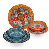 Melamin Geschirr Set Toskana Pastel für 4 Personen - 16 Teile - Orange-Blau - mit Edelstahltassen Mandala-Optik Spülmaschinengeeignet Essgeschirr Campingzubehör Campinggeschirr Wohnwagen Camping