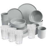 Melamin Geschirr Set mit steilem Rand für 4 Personen - 20 Teile - Campinggeschirr mit Trinkglas klar 450 ml - grau