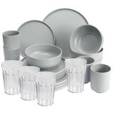 Melamin Geschirr Set mit steilem Rand für 4 Personen - 20 Teile - Campinggeschirr mit Trinkglas klar 450 ml - grau
