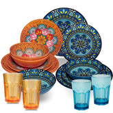 Melamin Geschirr Set Toskana Pastel für 4 Personen - 16 Teile - Orange-Blau - Mandala-Optik mit farblich passenden Trinkgläsern 400 ml aus Acryl Campinggeschirr