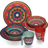 Melamin Geschirr Set Toskana Deep für 2 Personen - 8 Teile - Rot-Grün - Mandala-Optik Essgeschirr Campinggeschirr