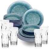 Melamin Geschirr Set Adria Blue für 6 Personen - 24 Teile Blau - mit klarem Trinkglas 450ml aus Acryl Steingutoptik Campinggeschirr