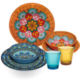 Melamin Geschirr Set Toskana Pastel für 2 Personen - 8 Teile - Orange-Blau - Mandala-Optik mit farblich passenden Trinkgläsern 360 ml aus Acryl Campinggeschirr