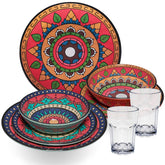 Melamin Geschirr Set Toskana Deep für 2 Personen - 8 Teile - Rot-Grün - Mandala-Optik mit klaren Trinkgläsern 400 ml Campinggeschirr