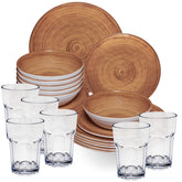 Melamin Geschirr Set Bambi Braun für 6 Personen - 24 Teile mit klaren Trinkgläsern 400 ml aus Acryl Steingutoptik Campinggeschirr