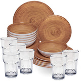 Melamin Geschirr Set Bambi Braun für 6 Personen - 24 Teile mit klaren Trinkgläsern 400 ml aus Acryl Steingutoptik Campinggeschirr