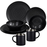 Melamin Geschirr Set Schwarz für 2 Personen 8 Teile mit Edelstahl Thermo Tassen doppelwandig - Essgeschirr - Campinggeschirr Picknick ideal für Camping modern Outdoor