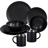 Melamin Geschirr Set Schwarz für 2 Personen 8 Teile mit Edelstahl Thermo Tassen doppelwandig - Essgeschirr - Campinggeschirr Picknick ideal für Camping modern Outdoor