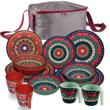 Melamin Geschirr Set Toskana Deep für 4 Personen - 17 Teile mit Tasche - Rot-Grün - Mandala-Optik Campinggeschirr