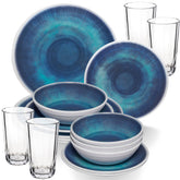 Melamin Geschirr Set Jesolo Blau für 4 Personen - 16 Teile - mit klarem Trinkglas 300ml - aus Acryl Steingutoptik Campinggeschirr
