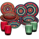 Melamin Geschirr Set Toskana Deep für 4 Personen - 16 Teile Rot-Grün - Mandala-Optik mit farblich passenden Trinkgläsern 320 ml Campinggeschirr