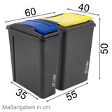 2x 50 Liter + 2x 25 Liter Mülltonne Schwarz-Gelb-Blau-Grün-Rot Recyclingtonne mit abnehmbarem Klappdeckel - Schmal Küche Mistkübel Trash Bin Gelber Sack Groß Küchenabfalleimer Papiermülleimer