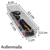 Schubladen Ordnungssystem 32x8 cm klar transparent 5,5 cm hoch Antislip - Organizer für Schminktisch Kosmetik Bad Küche Büro Box Kiste Besteck Aufbewahrungsbox klein Ordnungsbox Schubladeneinsatz